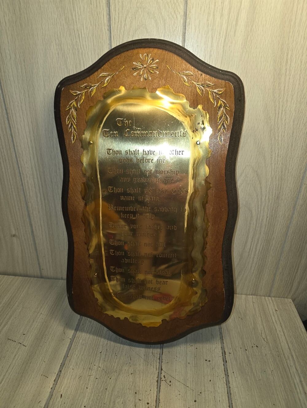 Vtg Ten Commandments Large Wood And Brass Plaque Religious Wall Decor 17"x 9"